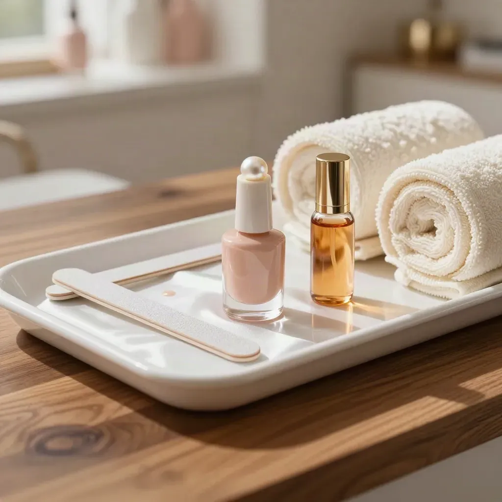 Set de manicura y pedicura con esmalte nude, lima, aceite y toallas en un salón luminoso.