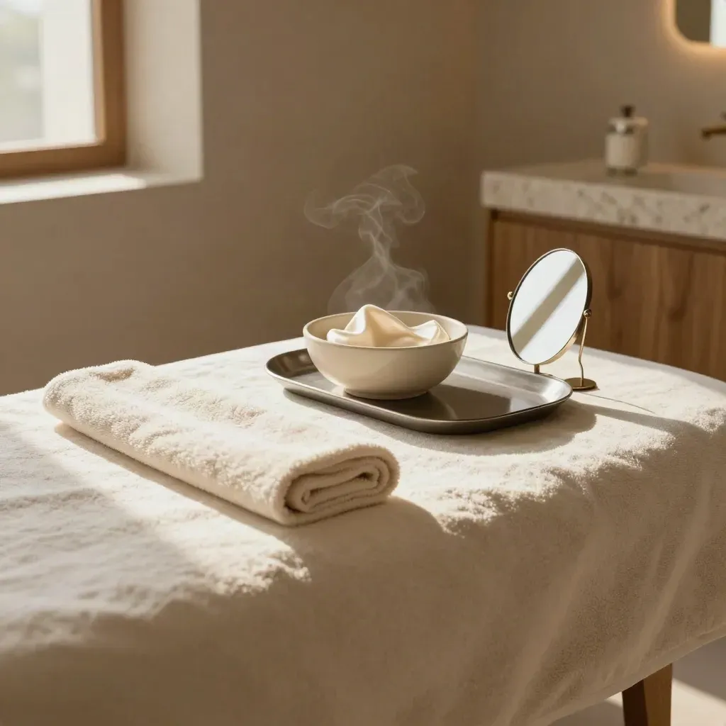 Cabina facial impecable con toalla, bol de mascarilla y espejo limpio en luz suave