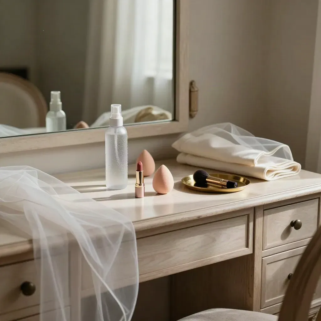 Tocador nupcial ordenado con velo, labial, spray fijador y esponjas en un salón luminoso.