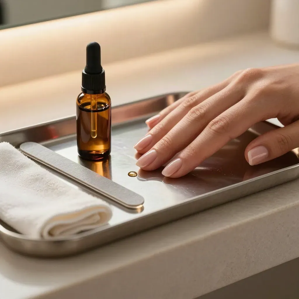 Tips nude, aceite de cutículas, lima de vidrio y paño microfibra sobre bandeja de salón.