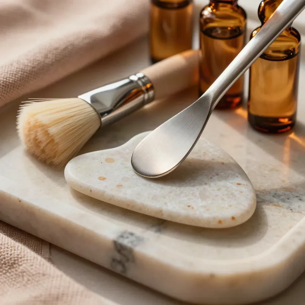 Espátula facial, brochas abanico, gua sha y frascos ámbar sobre bandeja de mármol.