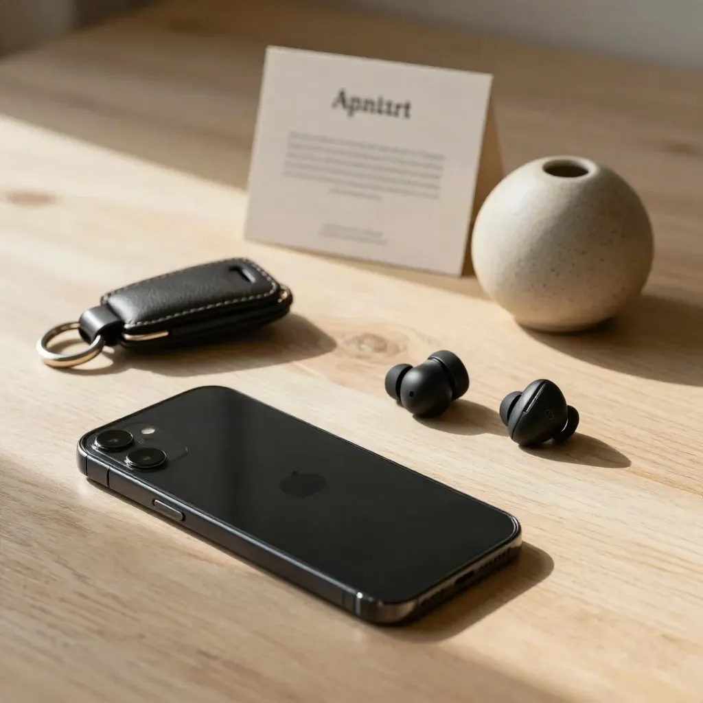 Móvil, llaves, auriculares y difusor sobre madera clara, con tarjeta de cita al fondo.