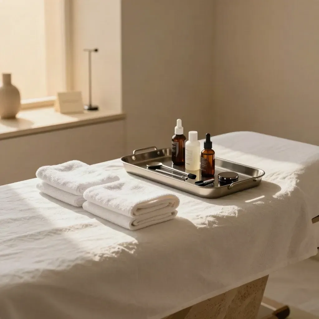 Cabina de estética preparada con cama tensada, toallas dobladas y bandeja de herramientas.