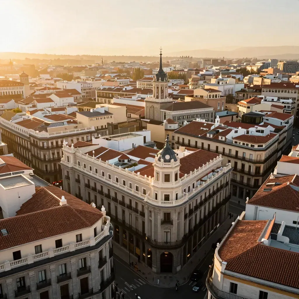 Azoteas y fachadas del centro de Madrid con luz dorada y bruma suave.