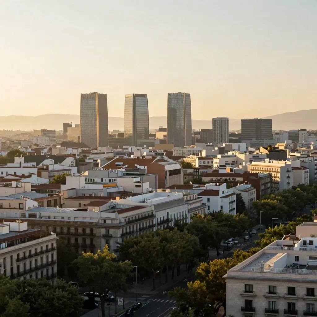 Vista aérea de Chamartín con torres de cristal y árboles urbanos al amanecer.