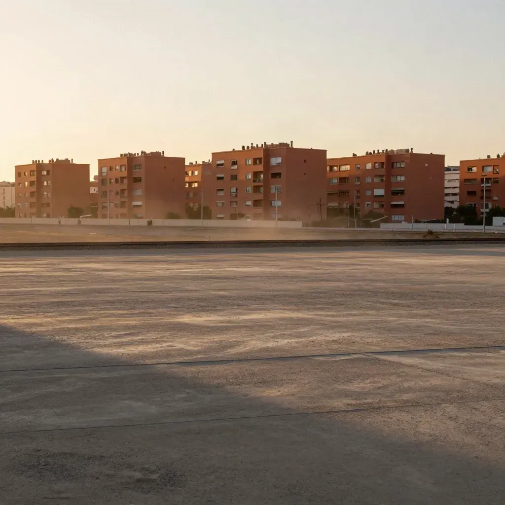 Horizonte del sur de Madrid con bloques cálidos, vías suaves y cielo ancho, con zona baja calma para texto.
